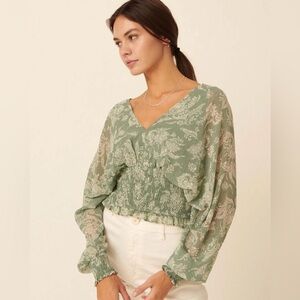 Promesa Green Renaissance Girl Smocked Floral Kimono Top - Small